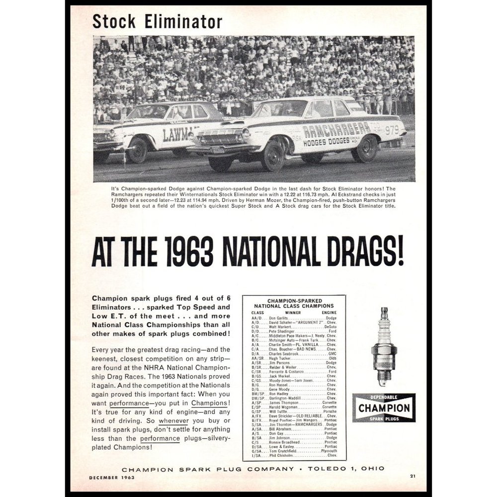 1963 Champion Spark Plugs Vintage Print Ad NHRA Drag Races Man Cave Wall Art